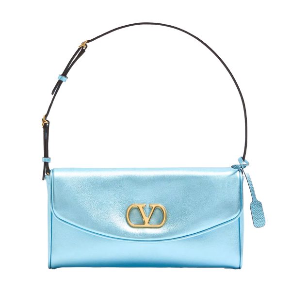 Valentino Garavani DeVain Small Shoulder Bag in Laminated Nappa Leather Azure