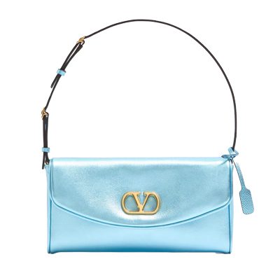 Valentino Garavani DeVain Small Shoulder Bag in Laminated Nappa Leather in Azure