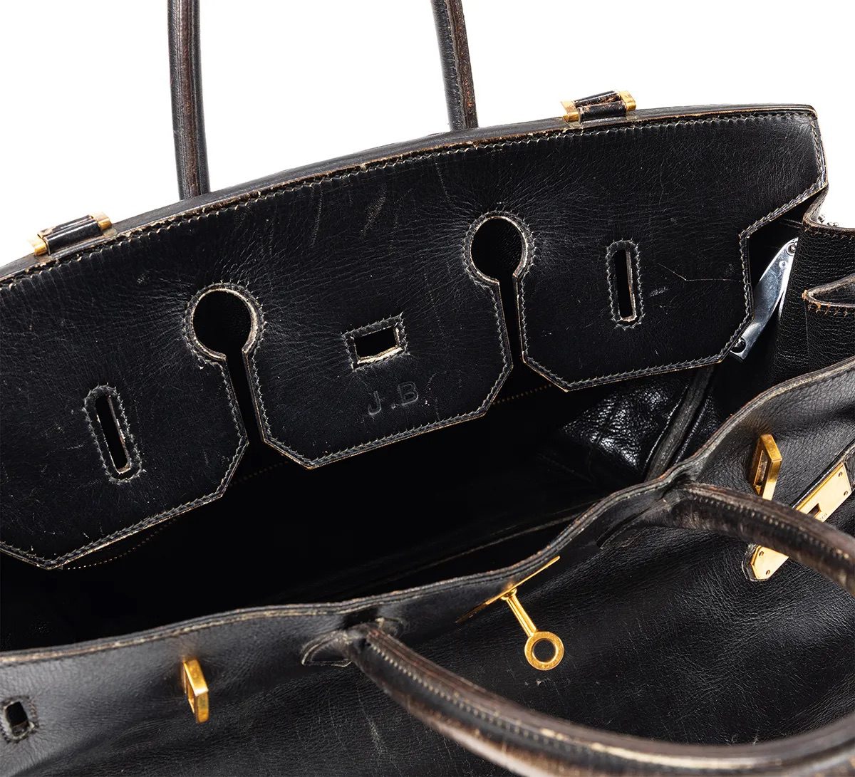 Jane Birkins Original Birkin Exhibited at Sothebys J B Initials