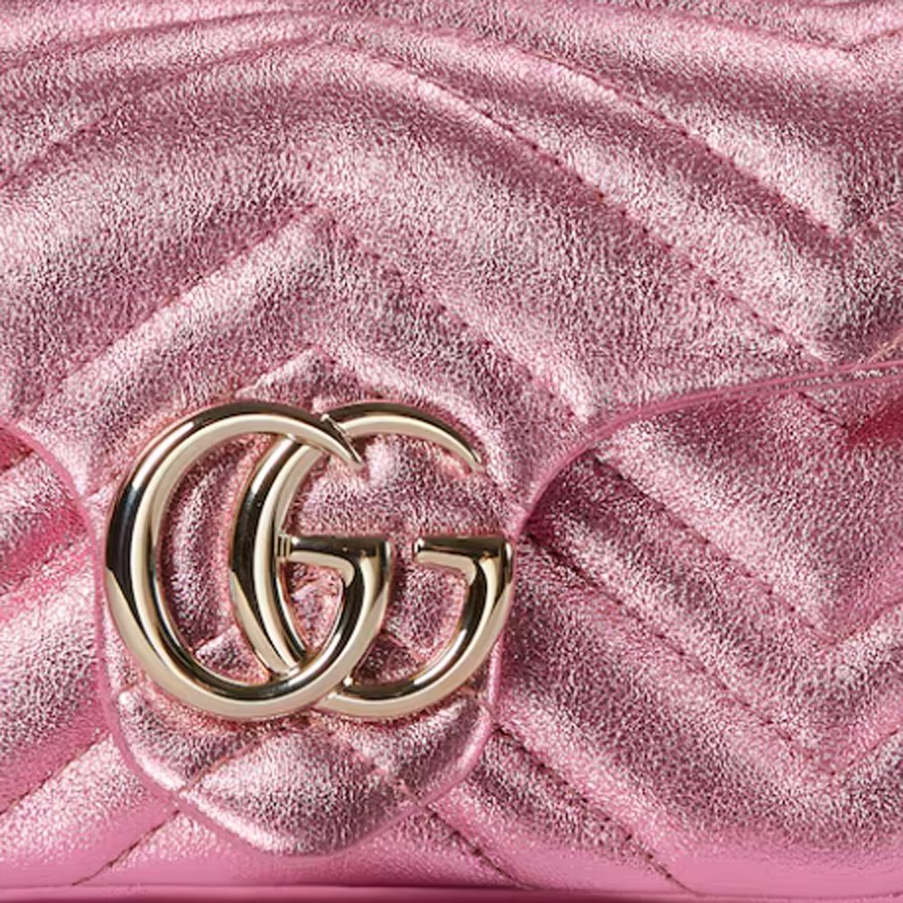 GG Marmont mini shoulder bag in bright pink lame leather GG Marmont mini shoulder bag in bright pink lame leather