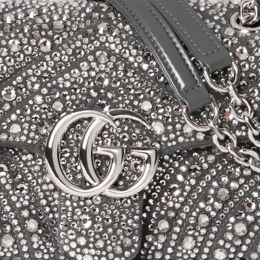 Gucci GG Marmont crystals small shoulder bag in grey nubuck leather Gucci GG Marmont crystals small shoulder bag in grey nubuck leather