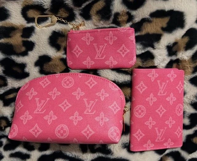Louis Vuitton %22By the Pool%22 collection items, including a cosmetic pouch, a key pouch, and a passport holder