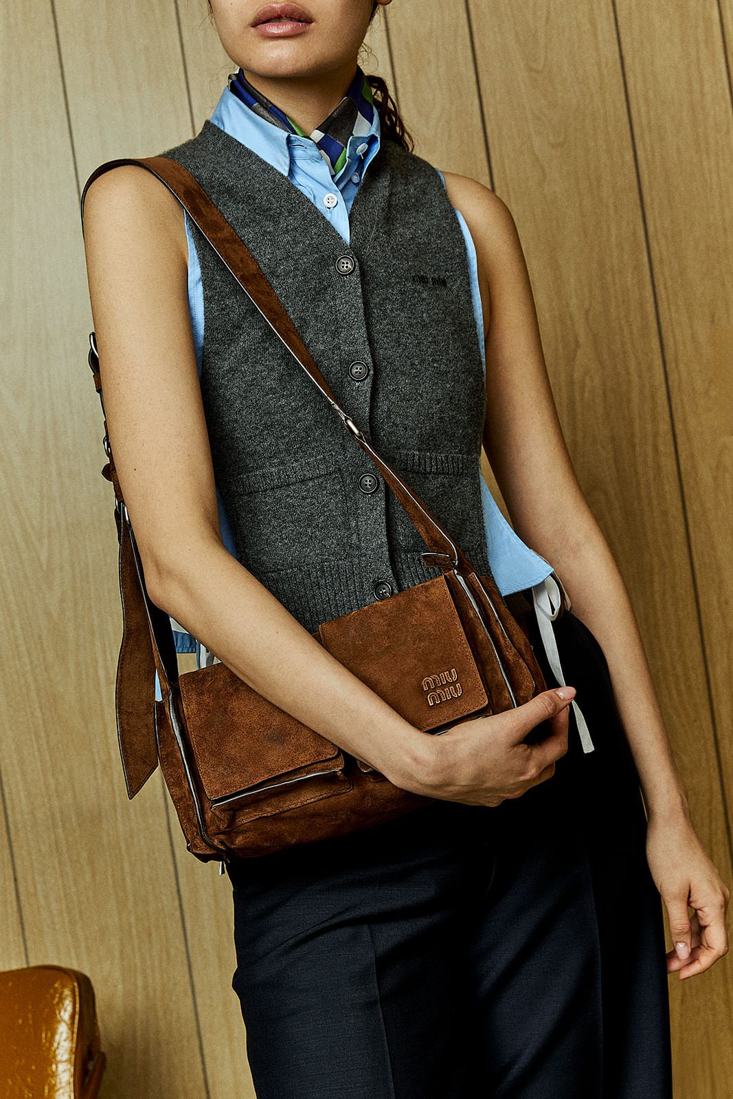 Utilitaire Suede Shoulder Bag in Cocoa Brown detail