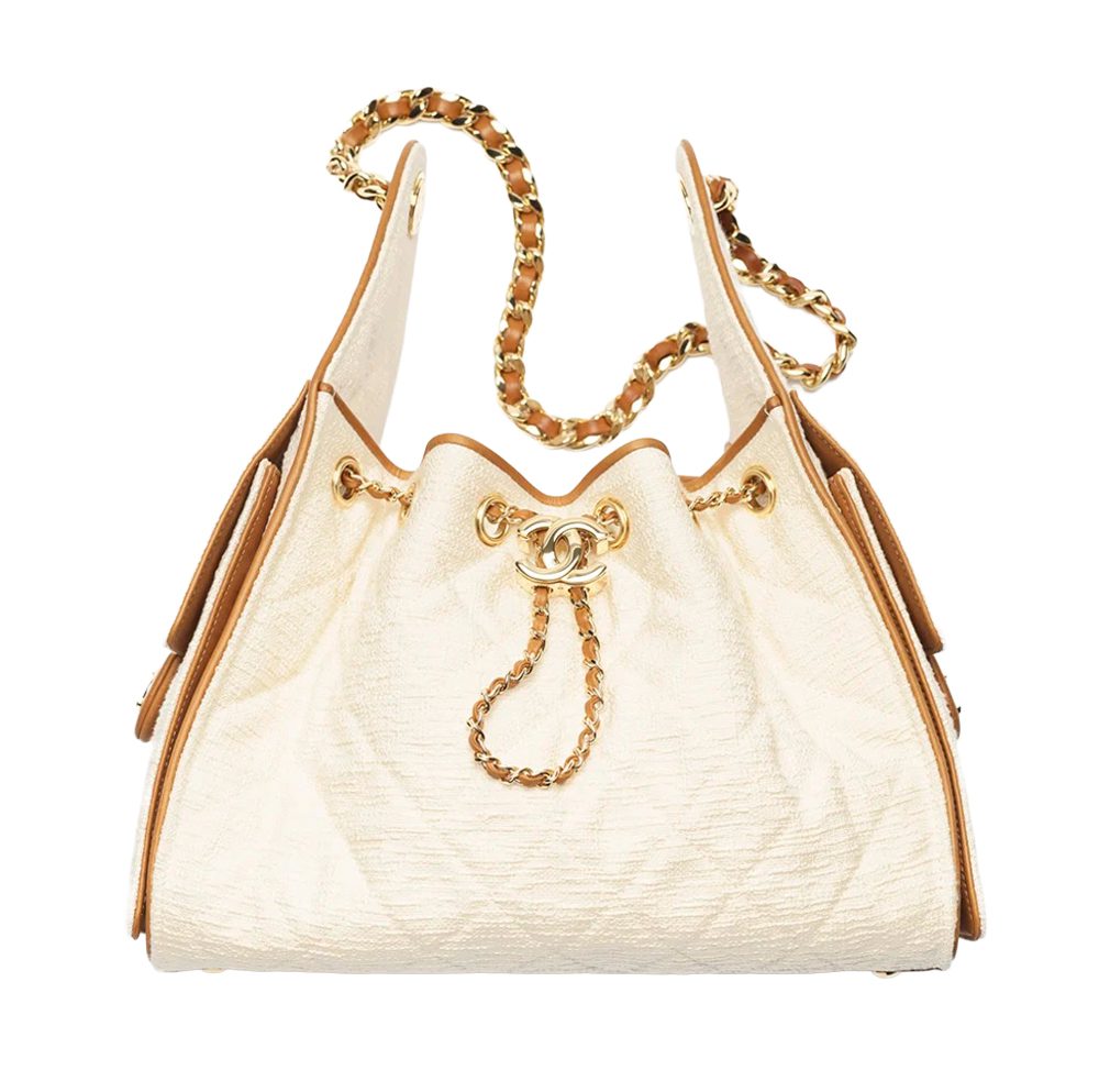 CHANEL 25 Small Handbag Canvas, Calfskin & Gold Tone Metal Ecru & Camel