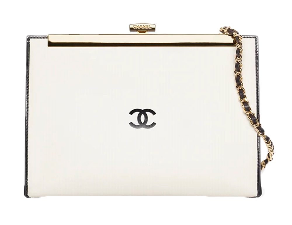 Chanel Evening Bag Printed Calfskin & Gold Tone Metal White & Black
