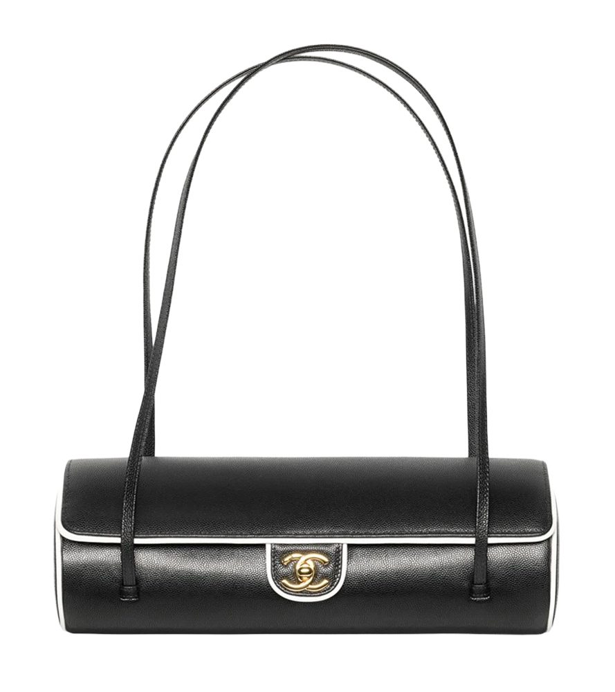 Chanel Large Bowling Bag Grained Calfskin, Lambskin & Gold Tone Metal Black & White