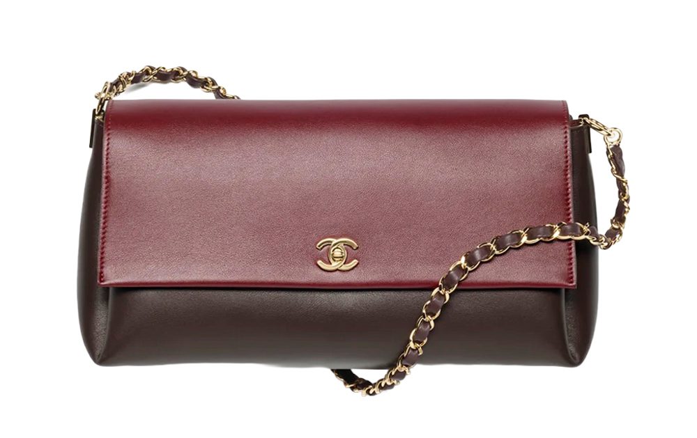 Chanel Large Flap Bag Calfskin & Gold Tone Metal Dark Brown & Burgundy