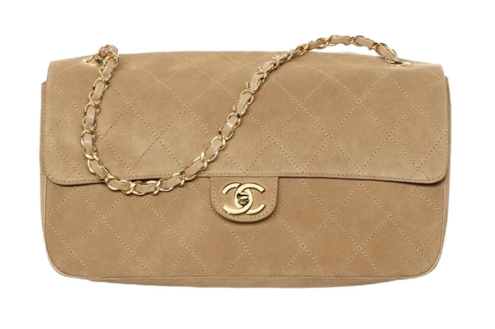 Chanel Maxi Flapbag Suede Calfskin & Gold Tone Metal Dark Beige