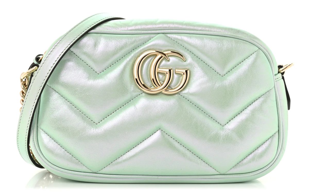 Gucci Iridescent Nappa Chevron Matelasse Small GG Marmont Chain Shoulder Bag Iridescent Salvy Green
