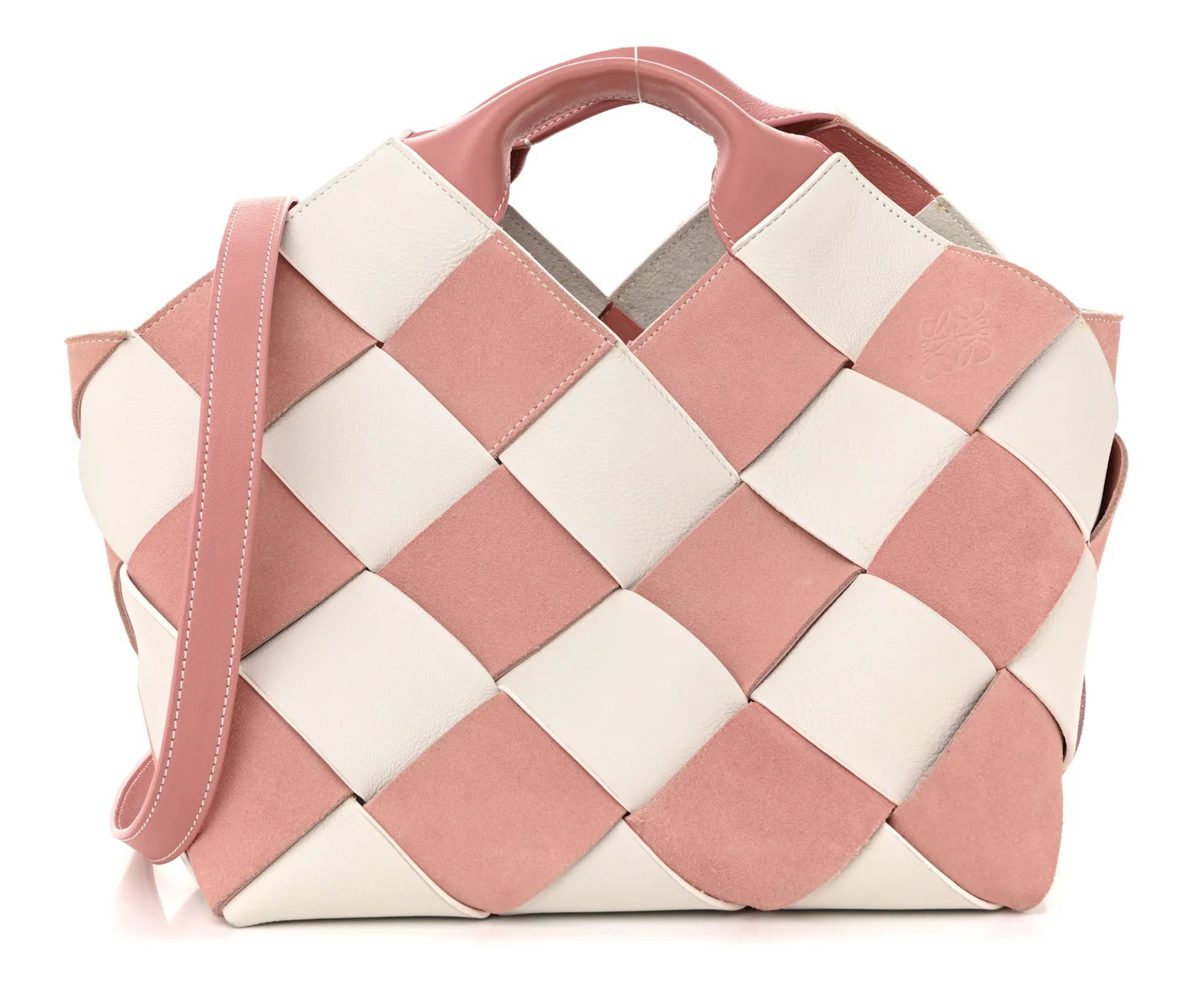 Loewe Calfskin Suede Gingham Woven Basket Bag Soft Pink White