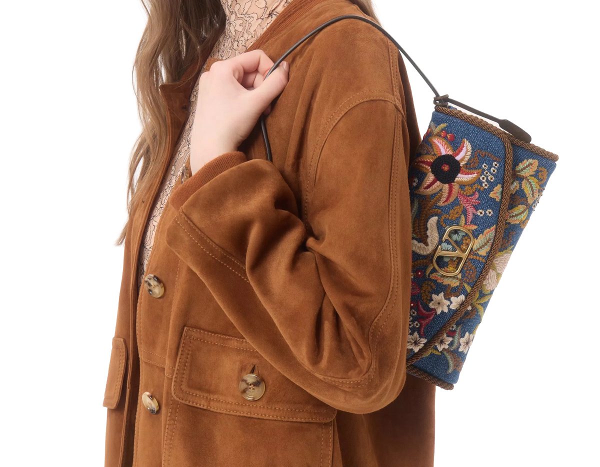 Valentino Garavani DeVain Small Shoulder Bag In Embroidered Denim
