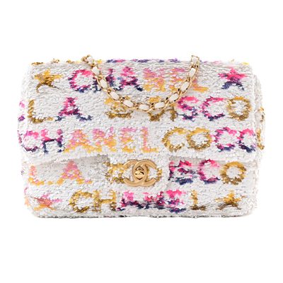 Chanel Sequin Logo CC Small Single Flap White Multicolor